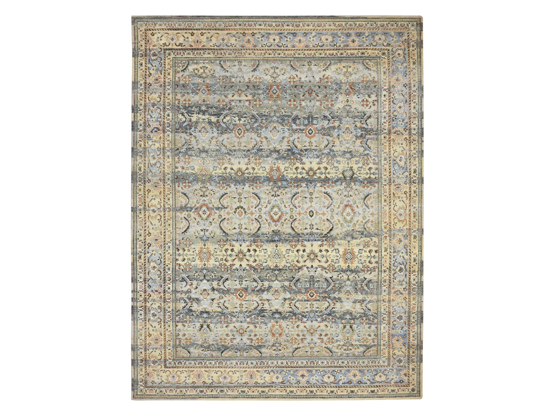 9'x12' Shades of Gray, Abrash Persian Design, 100% Pure Wool, Zero Pile, Shaved Low, Hand Knotted Oriental Rug HR75493