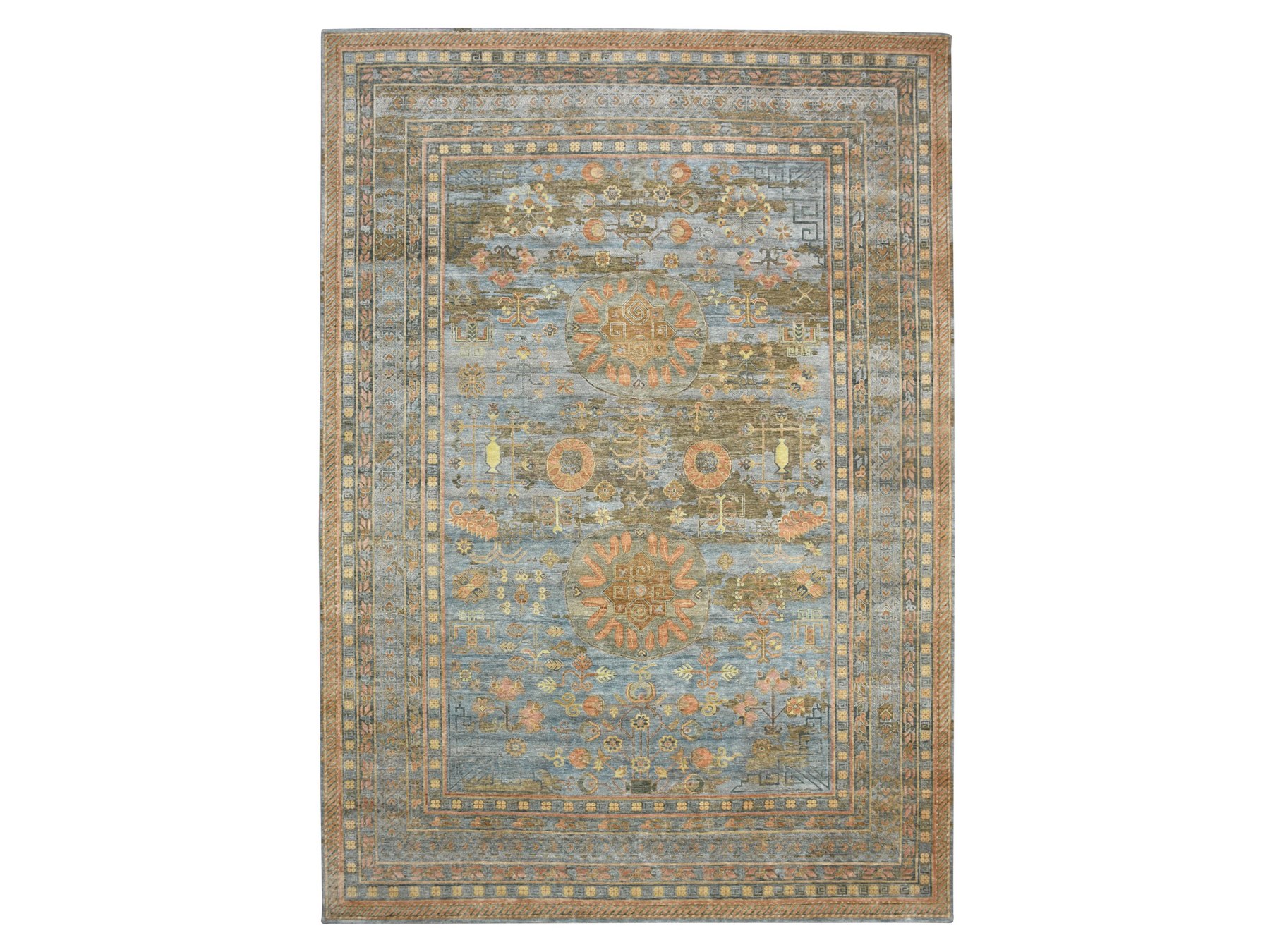 10'x14'2" Stone Blue, Khotan Influence with Distinct Abrash, Shaved Low, Zero Pile, Hand Knotted, Wool and Silk, Oriental Rug HR75565