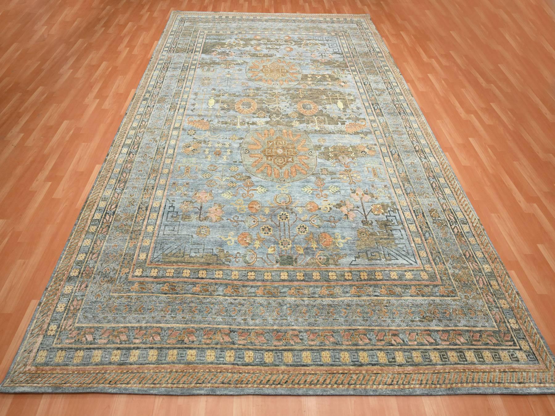 10'x14'2" Stone Blue, Khotan Influence with Distinct Abrash, Shaved Low, Zero Pile, Hand Knotted, Wool and Silk, Oriental Rug HR75565 - Image 2
