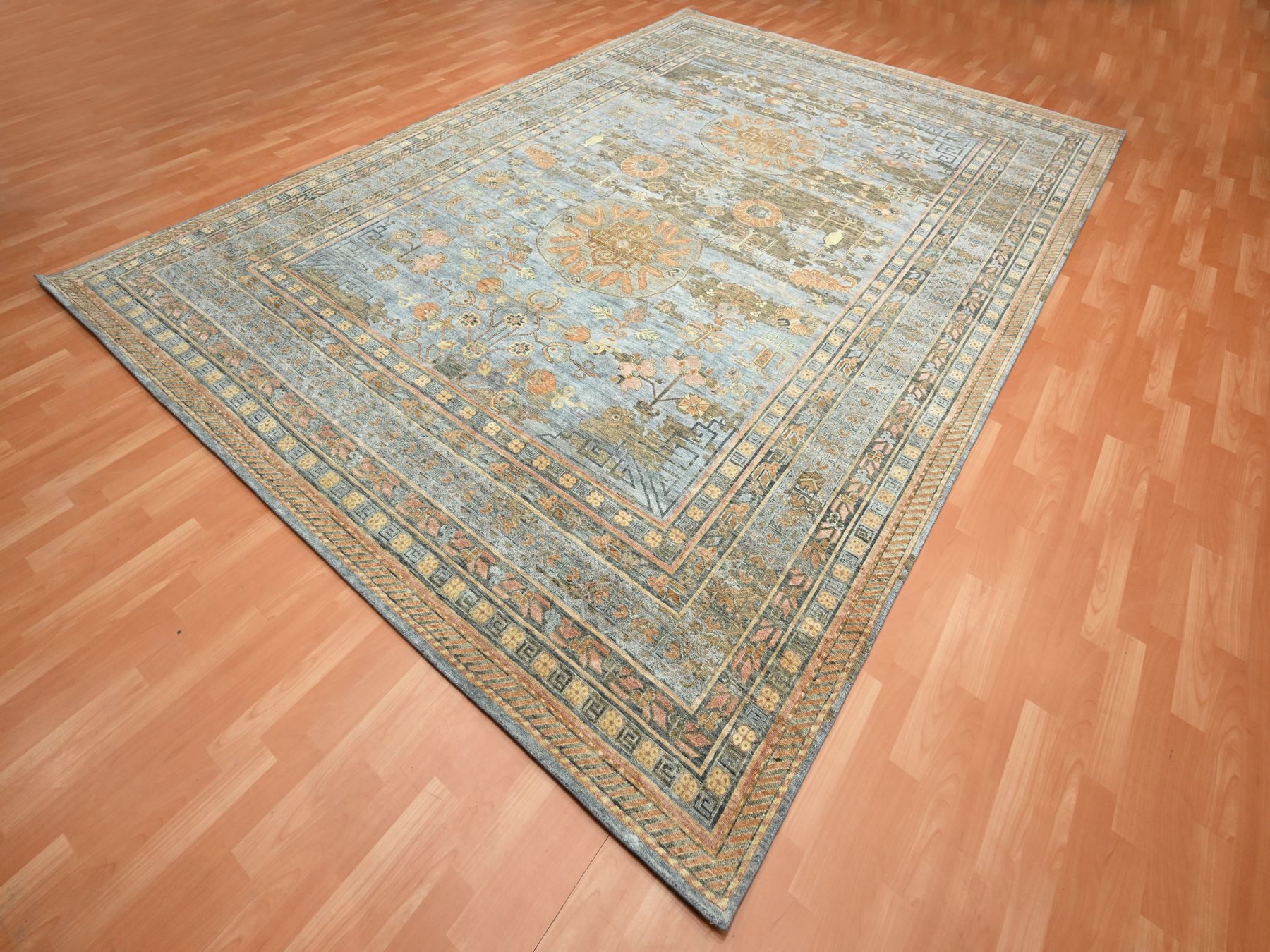10'x14'2" Stone Blue, Khotan Influence with Distinct Abrash, Shaved Low, Zero Pile, Hand Knotted, Wool and Silk, Oriental Rug HR75565 - Image 3