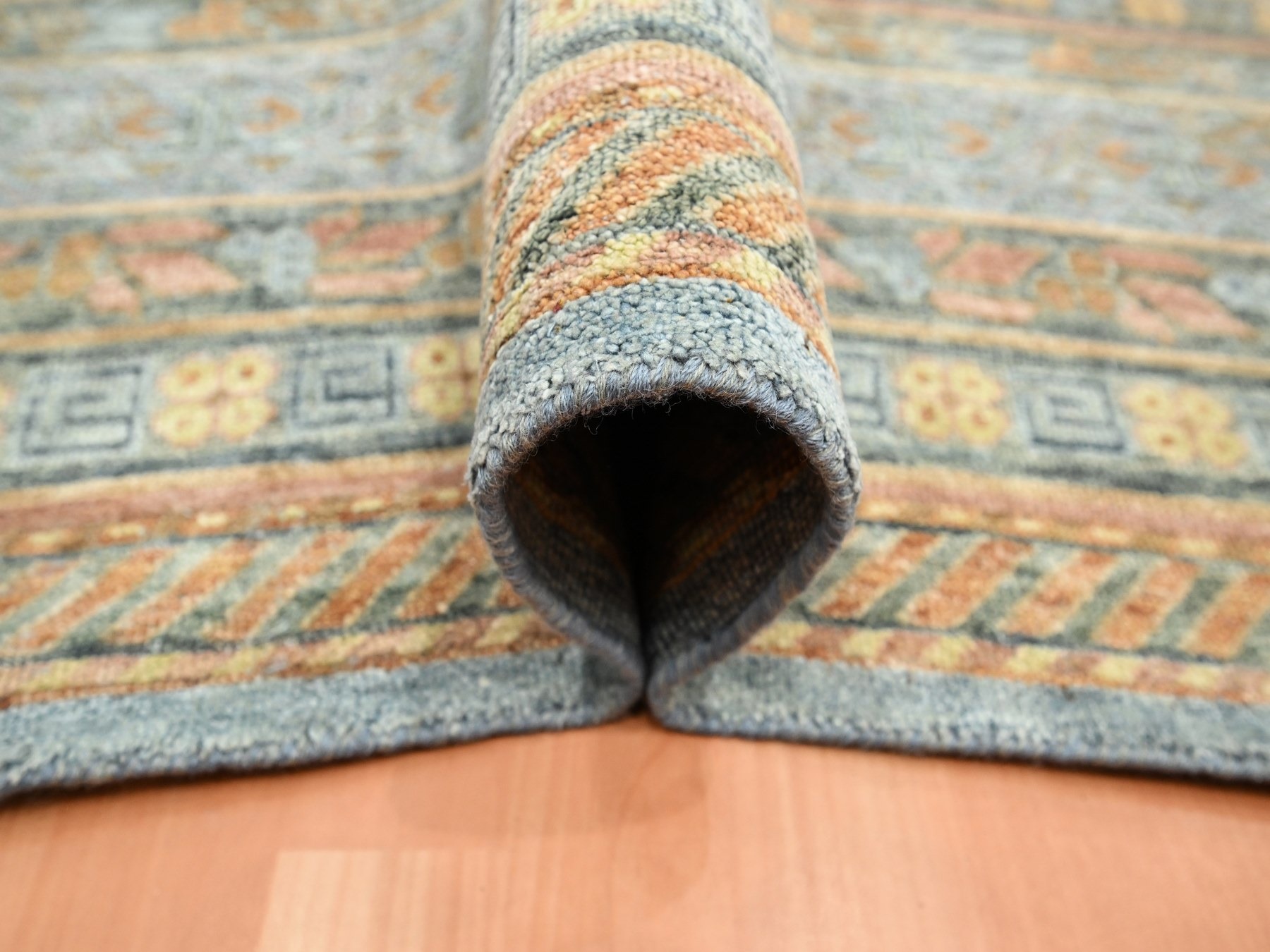 10'x14'2" Stone Blue, Khotan Influence with Distinct Abrash, Shaved Low, Zero Pile, Hand Knotted, Wool and Silk, Oriental Rug HR75565 - Image 5