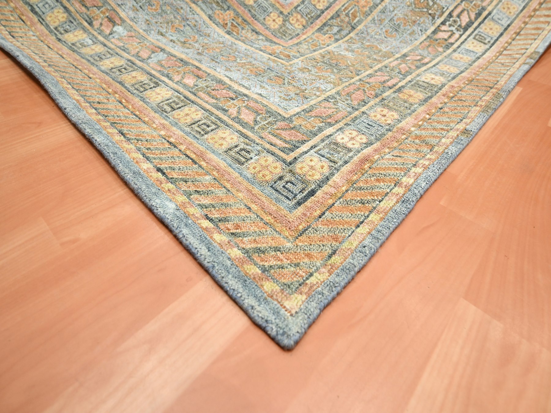 10'x14'2" Stone Blue, Khotan Influence with Distinct Abrash, Shaved Low, Zero Pile, Hand Knotted, Wool and Silk, Oriental Rug HR75565 - Image 6