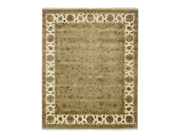 7'10"x9'10" Dark Vanilla Brown, Rajasthan with All Over Leaf Design, Hand Knotted, Wool and Silk, Thick and Plush, Oriental Rug HR75579