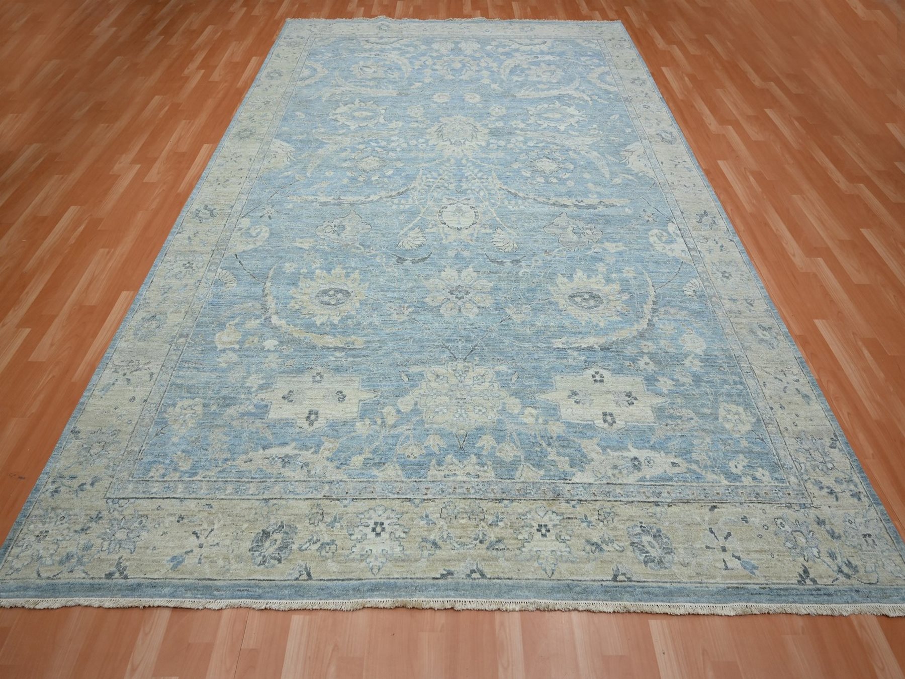 8'10"x11'10" Baby Blue, 100% Wool, Sickle Leaf Design, Hand Knotted, Cropped Low and Antique Finish, Zero Pile, Vegetable Dyes, Oriental Rug HR75768 - Image 2