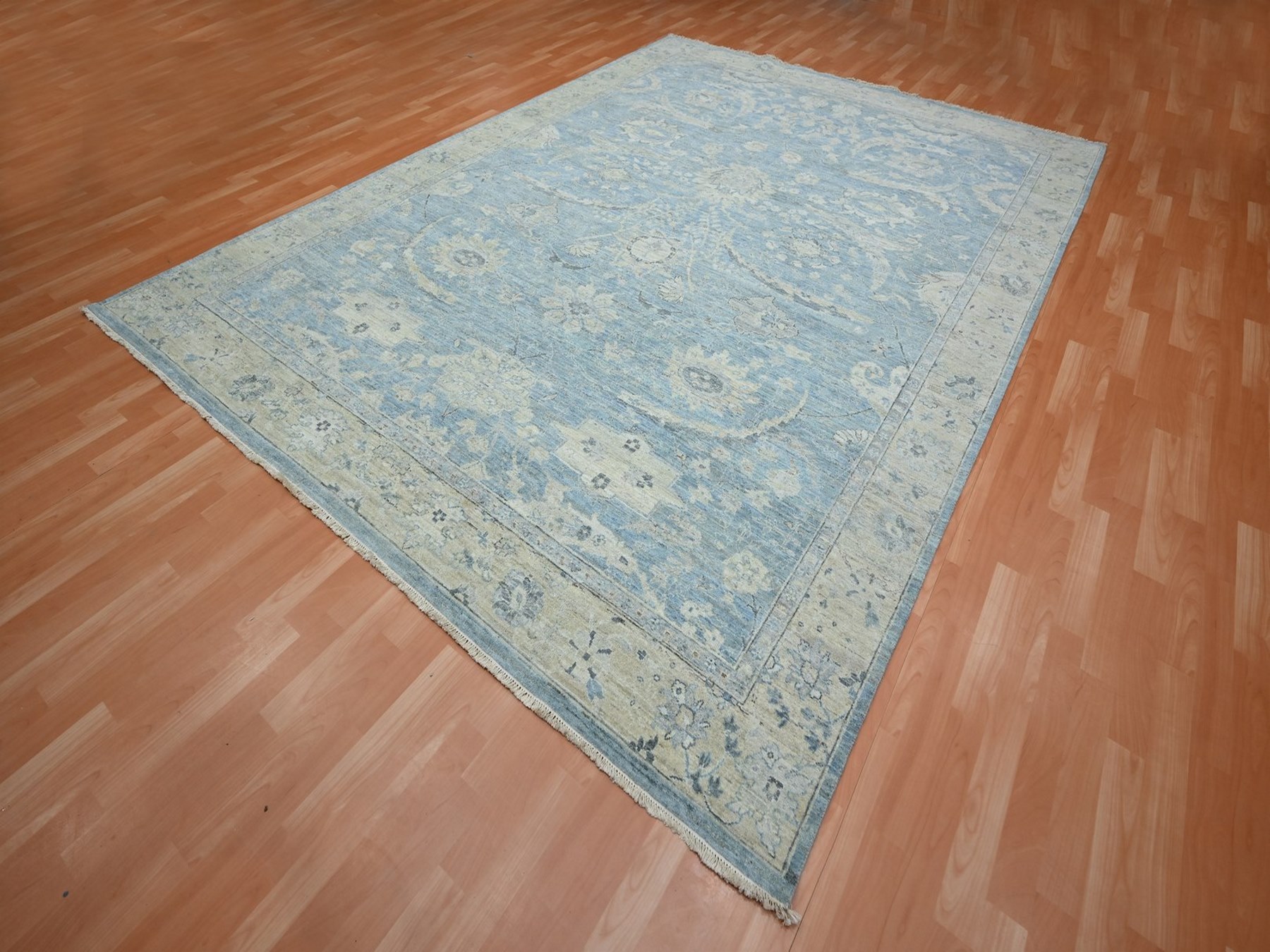 8'10"x11'10" Baby Blue, 100% Wool, Sickle Leaf Design, Hand Knotted, Cropped Low and Antique Finish, Zero Pile, Vegetable Dyes, Oriental Rug HR75768 - Image 3