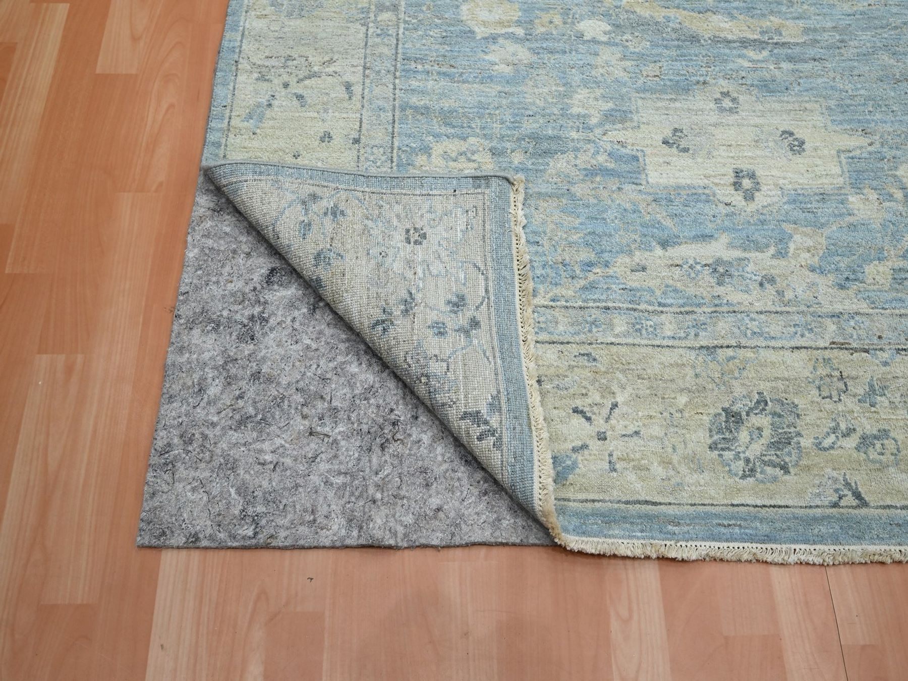 8'10"x11'10" Baby Blue, 100% Wool, Sickle Leaf Design, Hand Knotted, Cropped Low and Antique Finish, Zero Pile, Vegetable Dyes, Oriental Rug HR75768 - Image 4