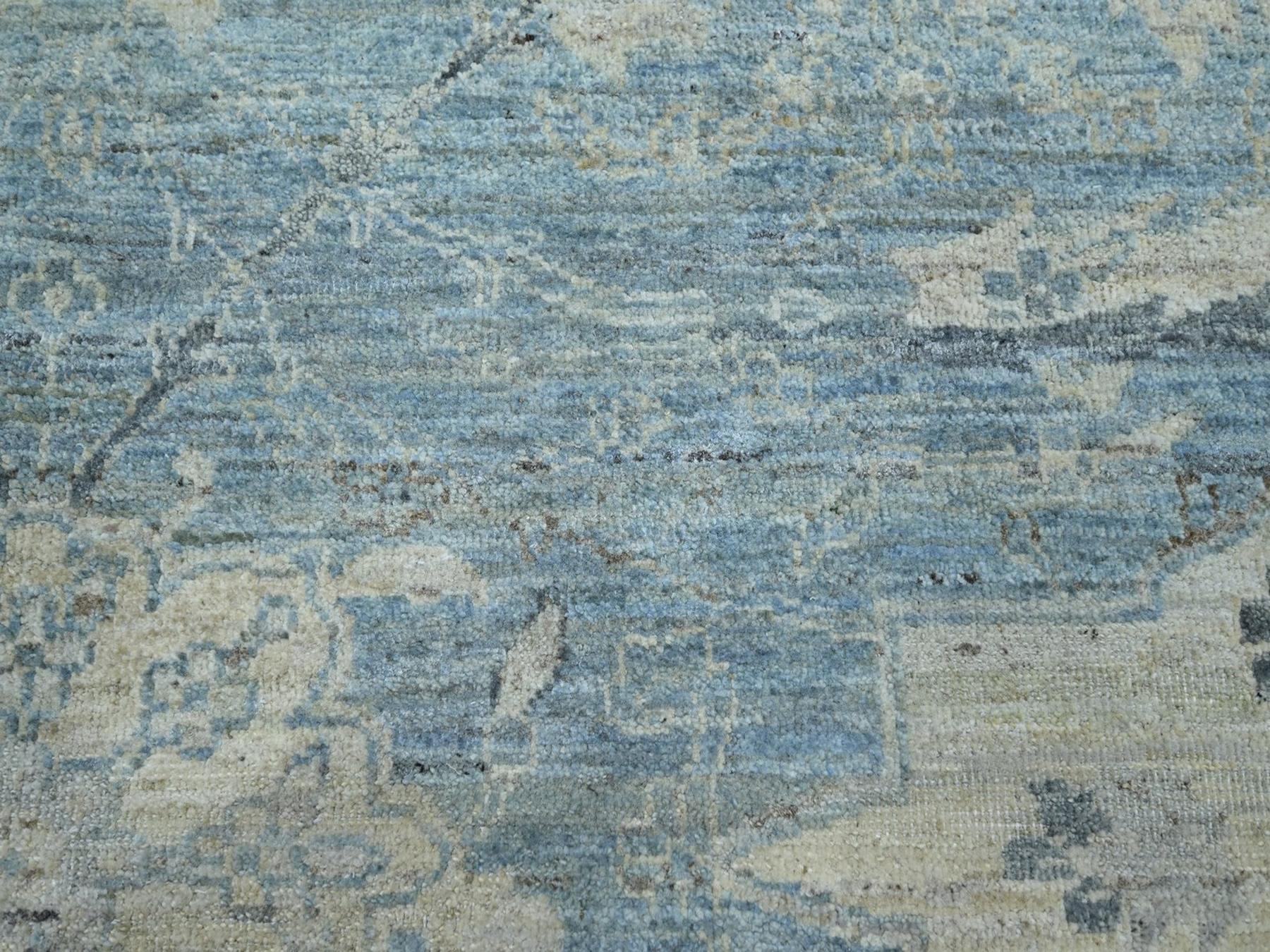 8'10"x11'10" Baby Blue, 100% Wool, Sickle Leaf Design, Hand Knotted, Cropped Low and Antique Finish, Zero Pile, Vegetable Dyes, Oriental Rug HR75768 - Image 8