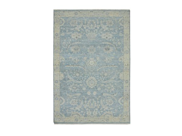 6'x9'1" Baby Blue, Pure Wool, Sickle Leaf Design, Hand Knotted, Zero Pile, Cropped Low and Antique Finish, Vegetable Dyes, Oriental Rug HR75774