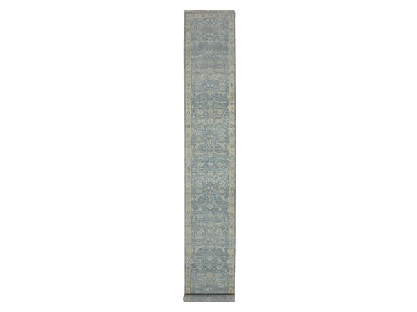 2'5"x17'10" Sky Blue, Hand Knotted, Sickle Leaf Design, Pure Wool, Zero Pile, Cropped Thin and Antique Finish, Vegetable Dyes, Long and Narrow Runner, Oriental Rug HR75780