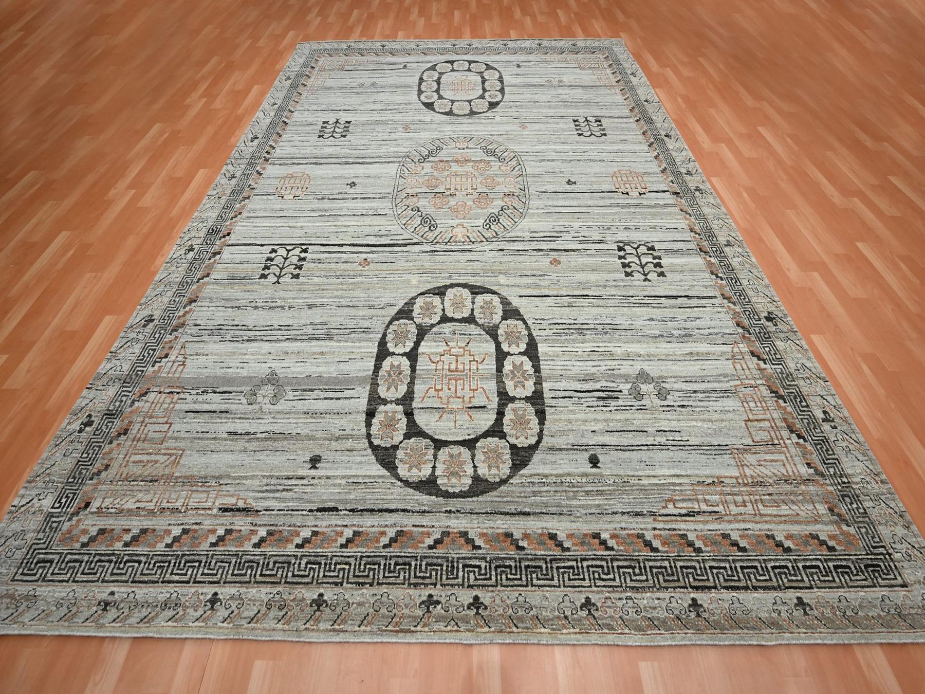 9'x12'4" Stone Gray, Khotan Influence, Shaved Low, Distressed, Zero Pile, Hand Knotted, Pure Silk, Oriental Rug HR75931 - Image 2