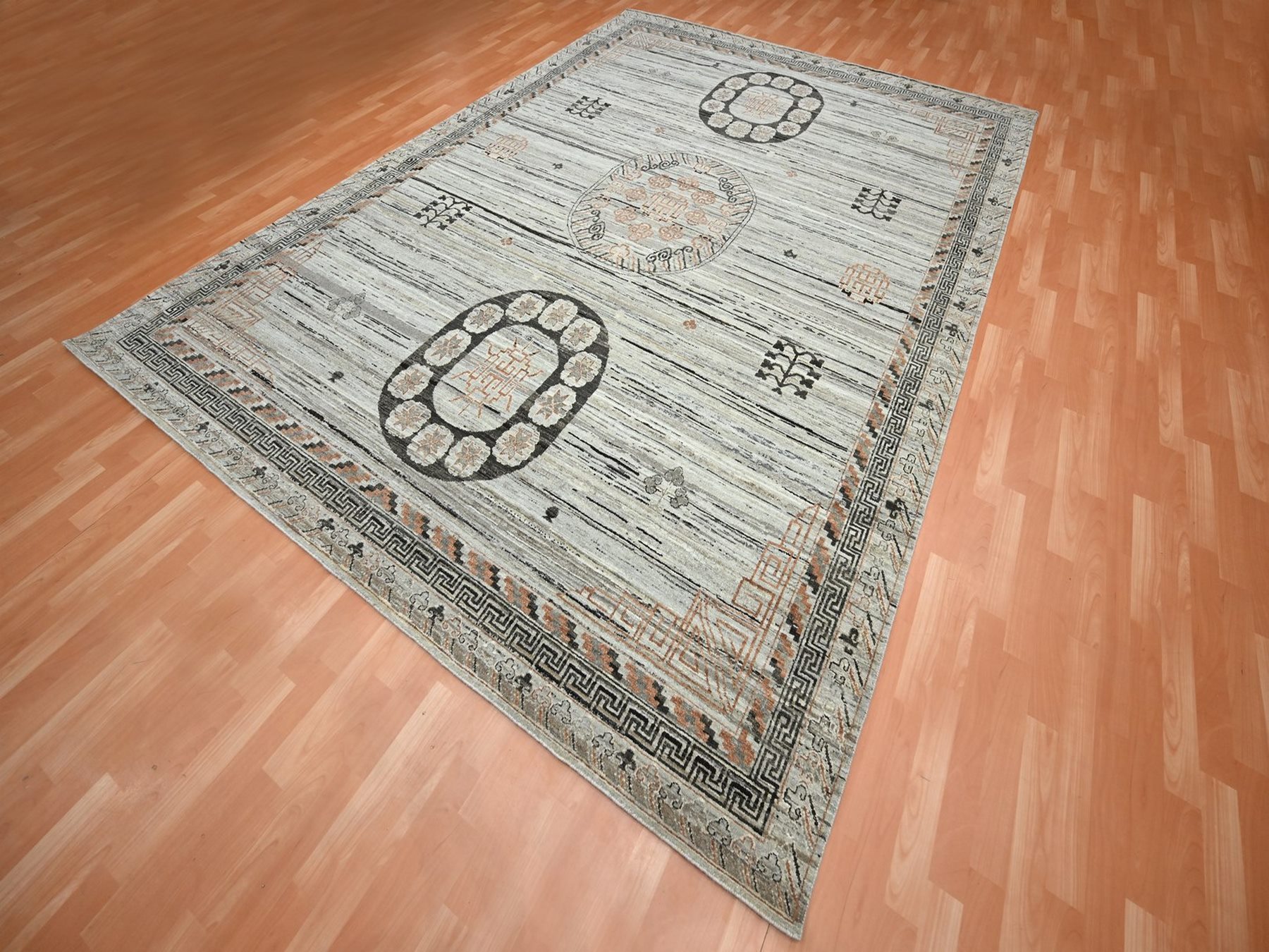 9'x12'4" Stone Gray, Khotan Influence, Shaved Low, Distressed, Zero Pile, Hand Knotted, Pure Silk, Oriental Rug HR75931 - Image 3