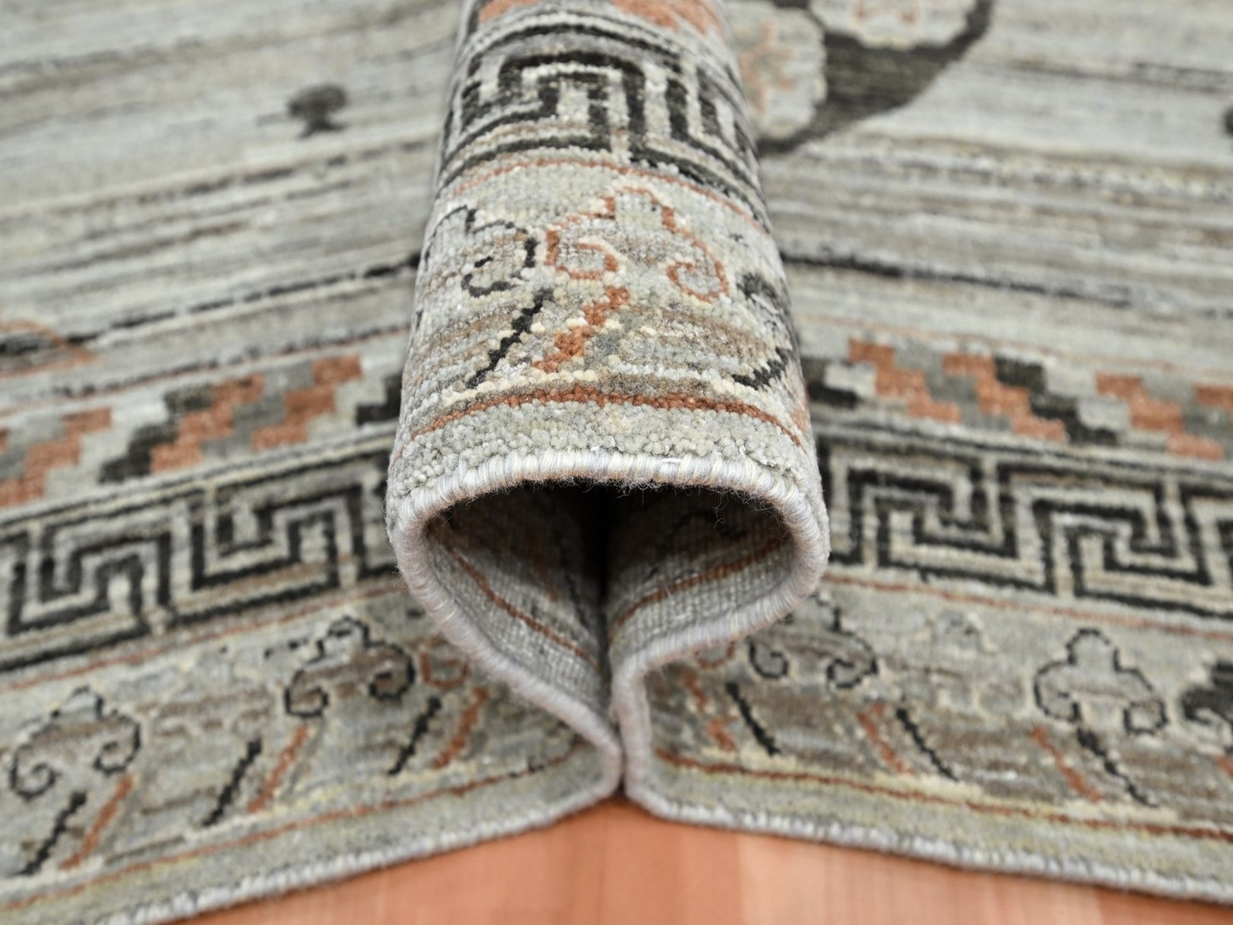 9'x12'4" Stone Gray, Khotan Influence, Shaved Low, Distressed, Zero Pile, Hand Knotted, Pure Silk, Oriental Rug HR75931 - Image 5