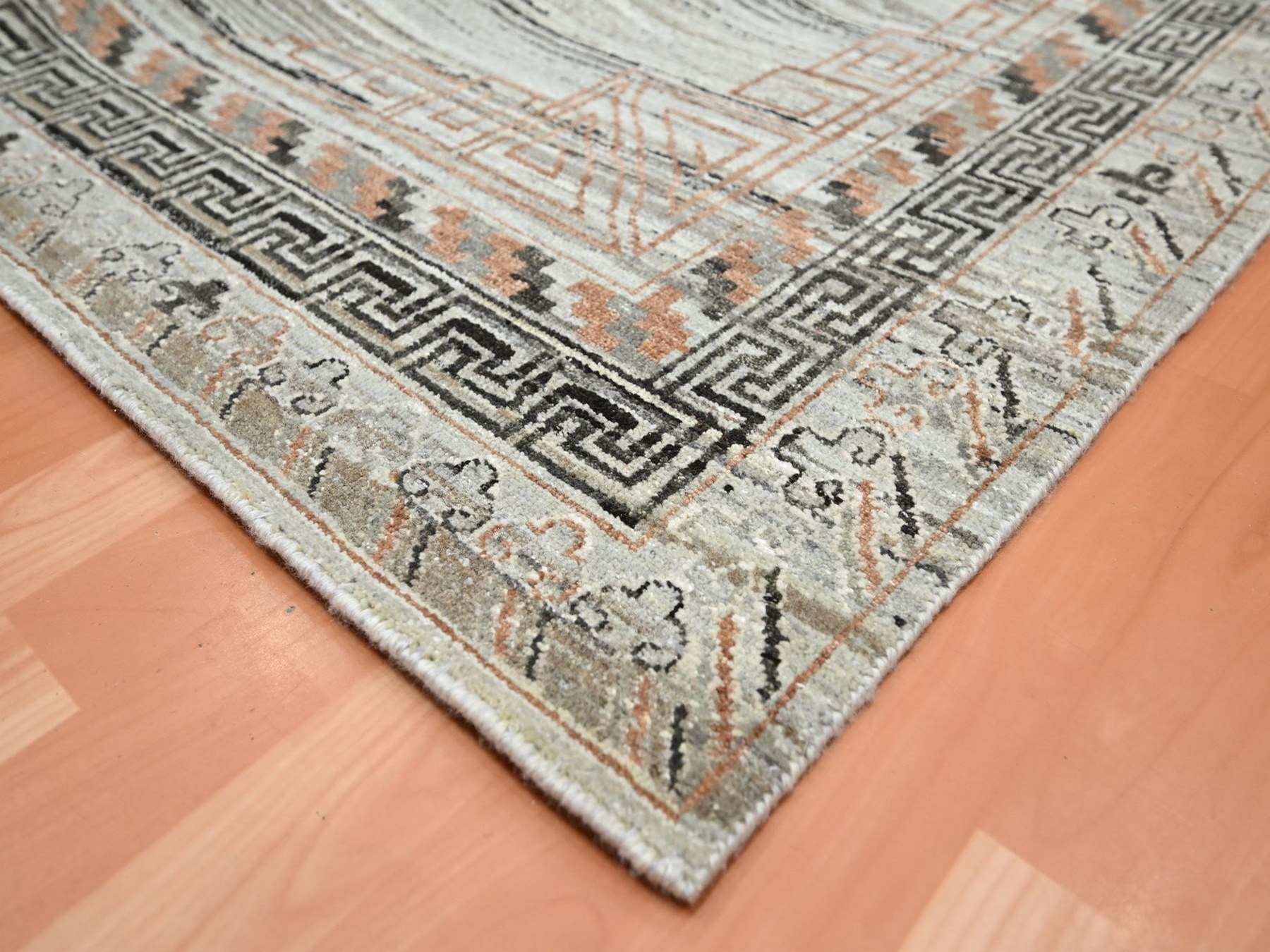9'x12'4" Stone Gray, Khotan Influence, Shaved Low, Distressed, Zero Pile, Hand Knotted, Pure Silk, Oriental Rug HR75931 - Image 6