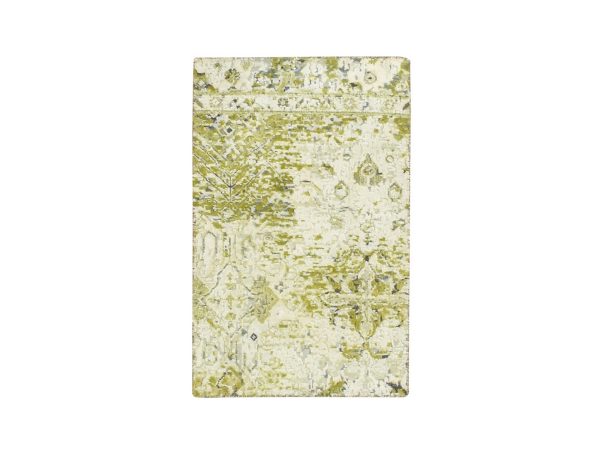 2'x3' Olive Green, Oushak Design, Pure Silk, Hand Knotted, Sample, Mat, Oriental Rug HR75948