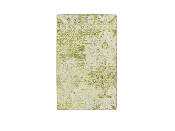 2'x3' Olive Green, Oushak Design, Hand Knotted, Pure Silk, Sample, Mat, Oriental Rug HR75949