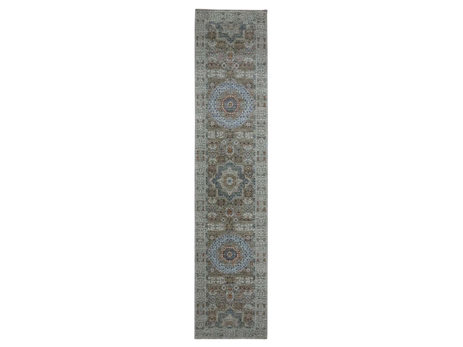 2'7"x12'1" Pistachio Green, Pre Historic 14th Century Influence, Mamluk Design, Natural Dyes, Hand Knotted, Pure Wool, Runner, Oriental Rug HR76814