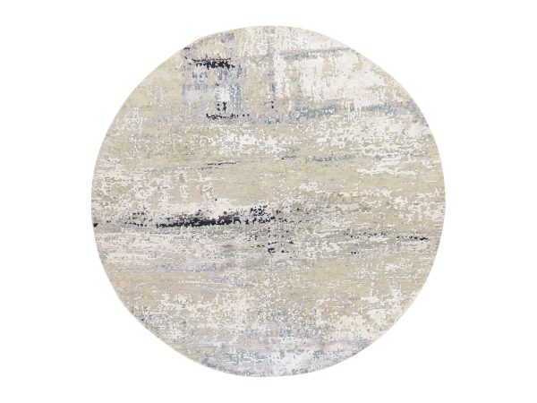 6'x6' Beige-Gray, Wool & Silk, Modern Abstract Design, Hand Knotted, Hi-Low Pile, Round, Oriental Rug HR78706