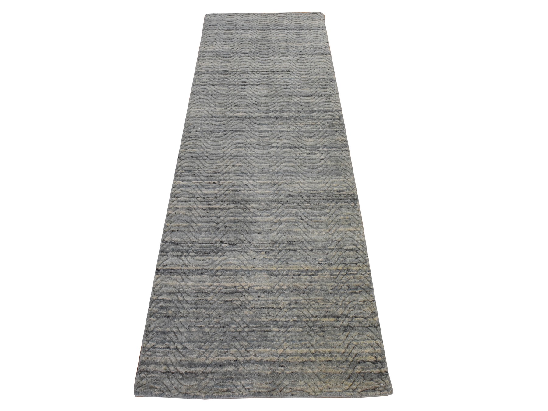 2'6"x7'10" Baby Blue, Variegated Textured Design, Hand Loomed, Pure Wool, Modern, Runner, Oriental Rug HR78956
