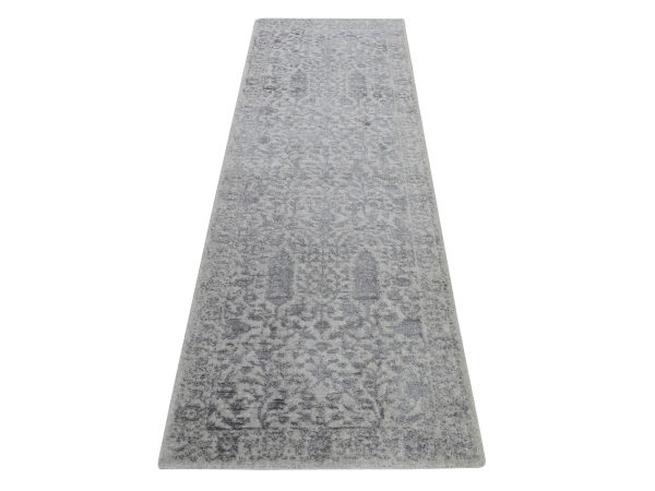 2'5"x8' Lavender Purple, Fine Jacquard Hand Loomed, Broken Cypress Tree Design, Wool and Silk, Thick and Plush, Runner, Oriental Rug HR78959