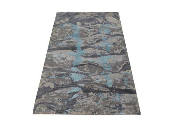 3'x5' Dim Gray, Aquamarine Modern Design, Wool and Silk, Hi-low Pile, Hand Knotted, Oriental Rug HR78962