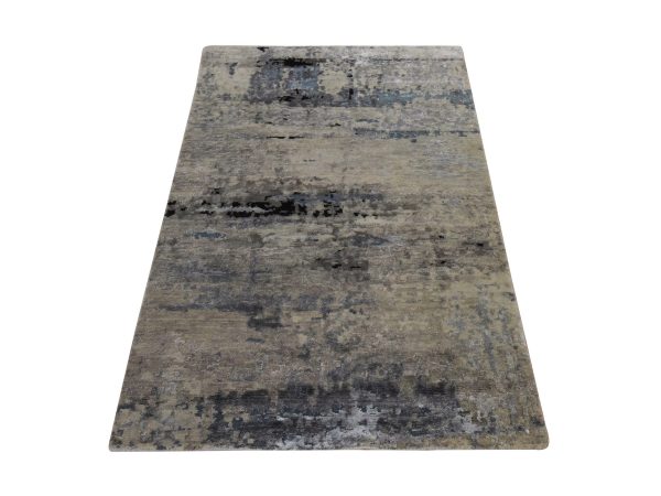 3'x4'10" Beige-Gray, Modern Abstract Design, Hi-low Pile, Hand Knotted, Wool & Silk, Oriental Rug HR78963