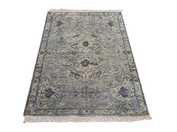 3'x5' Ivory and Blue, Oushak Design, Distressed, Pure Silk with Textured Wool, Hand Knotted, Oriental Rug HR78964