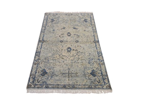 3'x5'2" Ivory and Blue, Oushak Design, Distressed, Hand Knotted, Pure Silk with Textured Wool, Oriental Rug HR78965