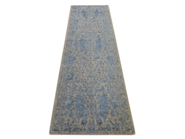 2'5"x8' Beau Blue, Broken Cypress Tree Design, Wool and Art Silk, Hand Loomed, Thick and Plush, Runner, Oriental Rug HR78967