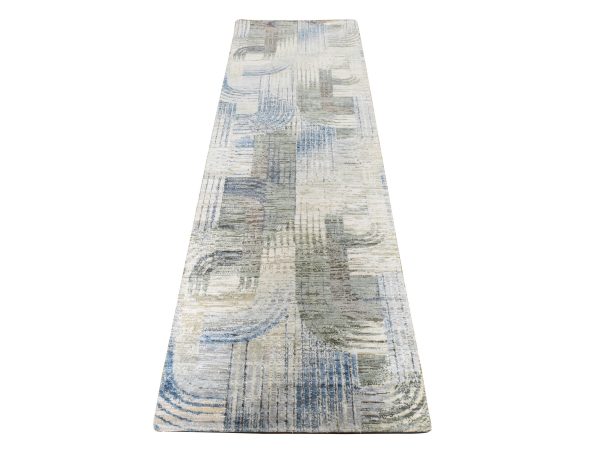2'7"x8'3" Ivory, THE INTERTWINED PASSAGE, Silk with Textured Wool, Hand Knotted, Runner, Oriental Rug HR78968