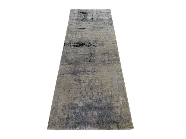 2'5"x7'9" Beige-Gray, Modern Abstract Design, Hi-low Pile, Hand Knotted, Wool & Silk, Runner, Oriental Rug HR78969