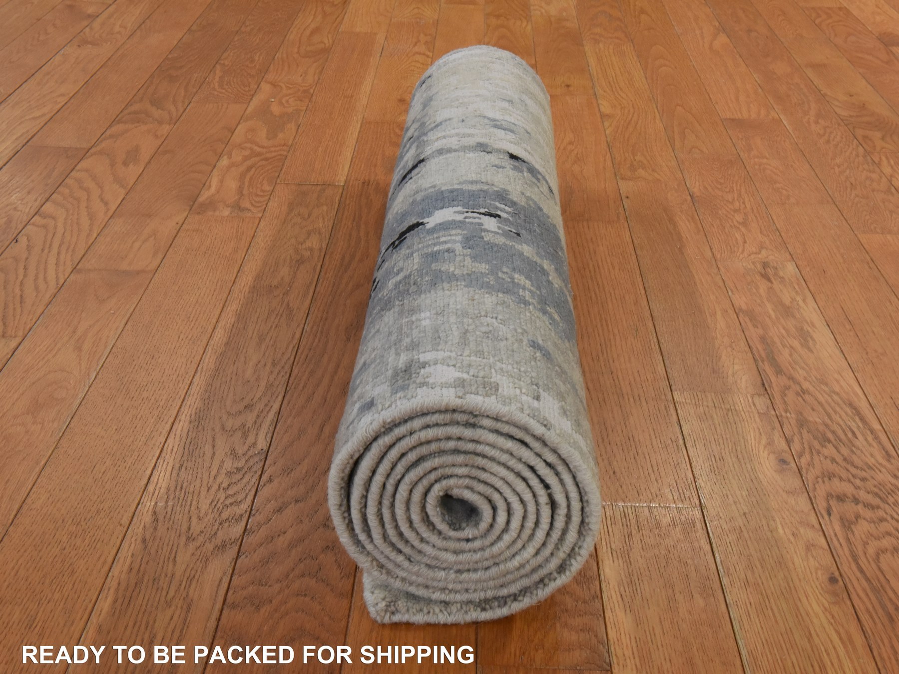 2'5"x7'9" Beige-Gray, Modern Abstract Design, Hi-low Pile, Hand Knotted, Wool & Silk, Runner, Oriental Rug HR78969 - Image 7