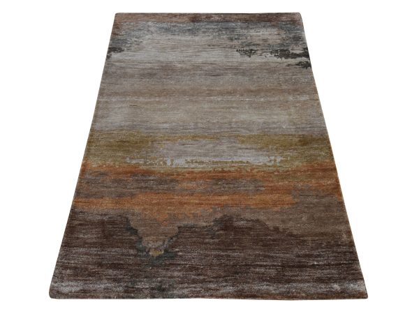 3'x5' Shades of Brown, Modern Abstract Design, Wool and Silk, Hand Knotted, Oriental Rug HR78971