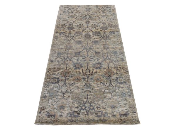 2'6"x6'2" Ivory, Tabriz Vase and Pomegranate Design, Hand Knotted, Pure Silk, Runner, Oriental Rug HR78972