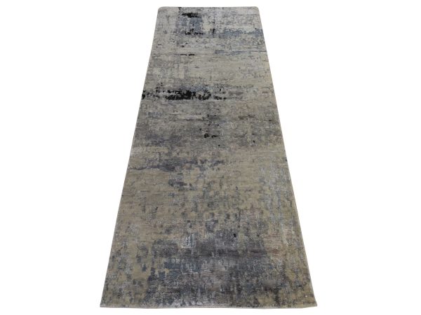 2'6"x7'9" Beige-Gray, Modern Abstract Design, Hand Knotted, Wool & Silk, Hi-Low Pile, Runner, Oriental Rug HR78973