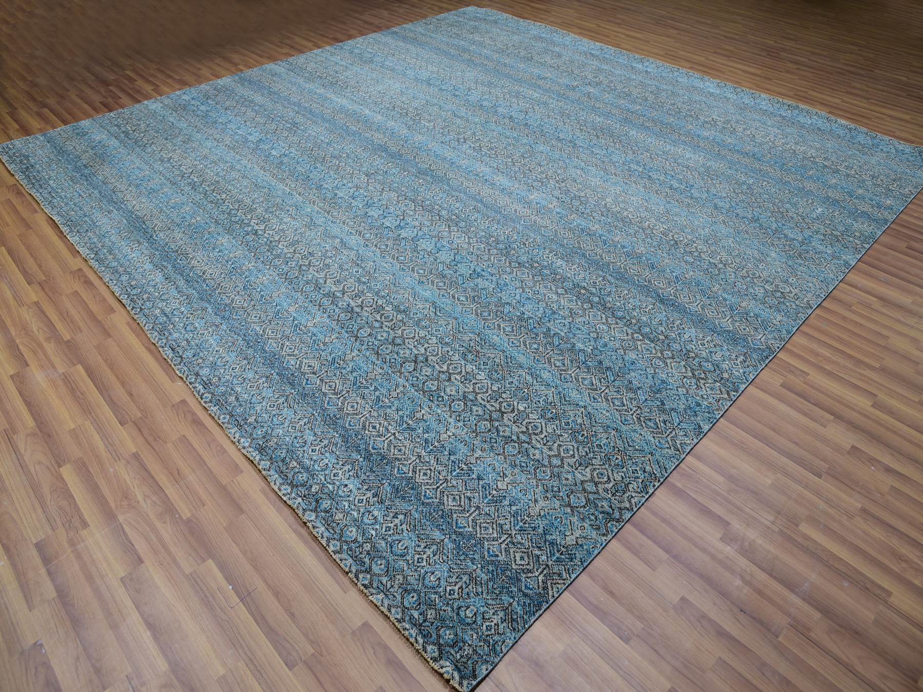 12'x12' Celadon Blue, 100% Plush Wool, Hand Knotted, Kohinoor Herat Small Geometric Repetitive Design, Square Oriental Rug HR79770 - Image 3
