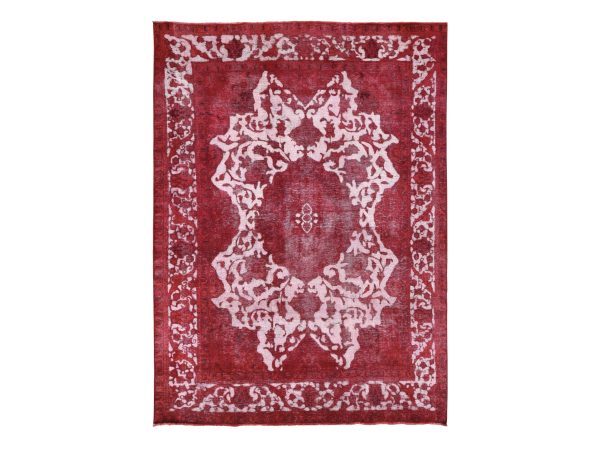 8'2"x11'1" Crimson Red, Overdyed Vintage Persian Tabriz Barjasta Design, Pure Wool Hand Knotted, Oriental Rug HR80678
