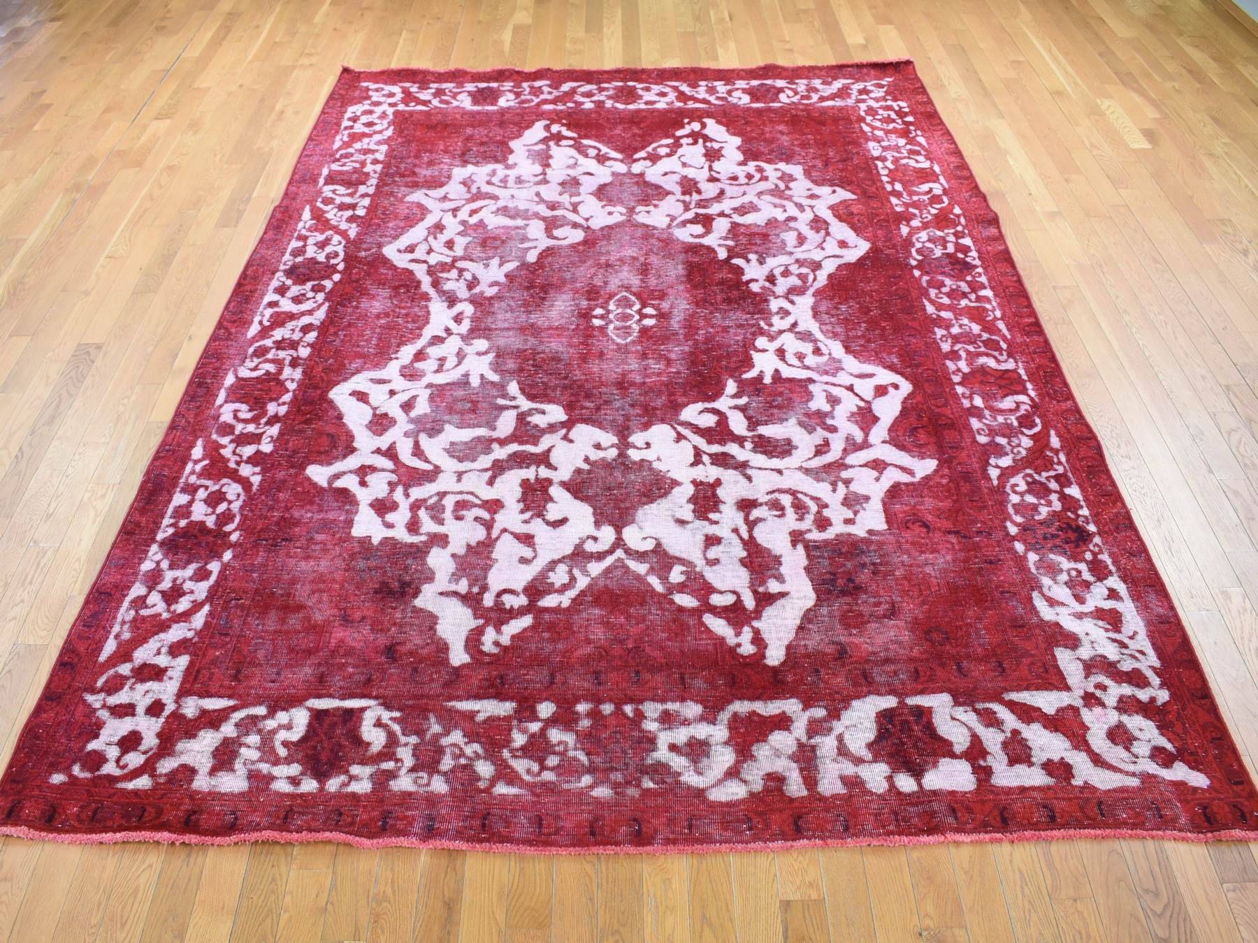 8'2"x11'1" Crimson Red, Overdyed Vintage Persian Tabriz Barjasta Design, Pure Wool Hand Knotted, Oriental Rug HR80678 - Image 2