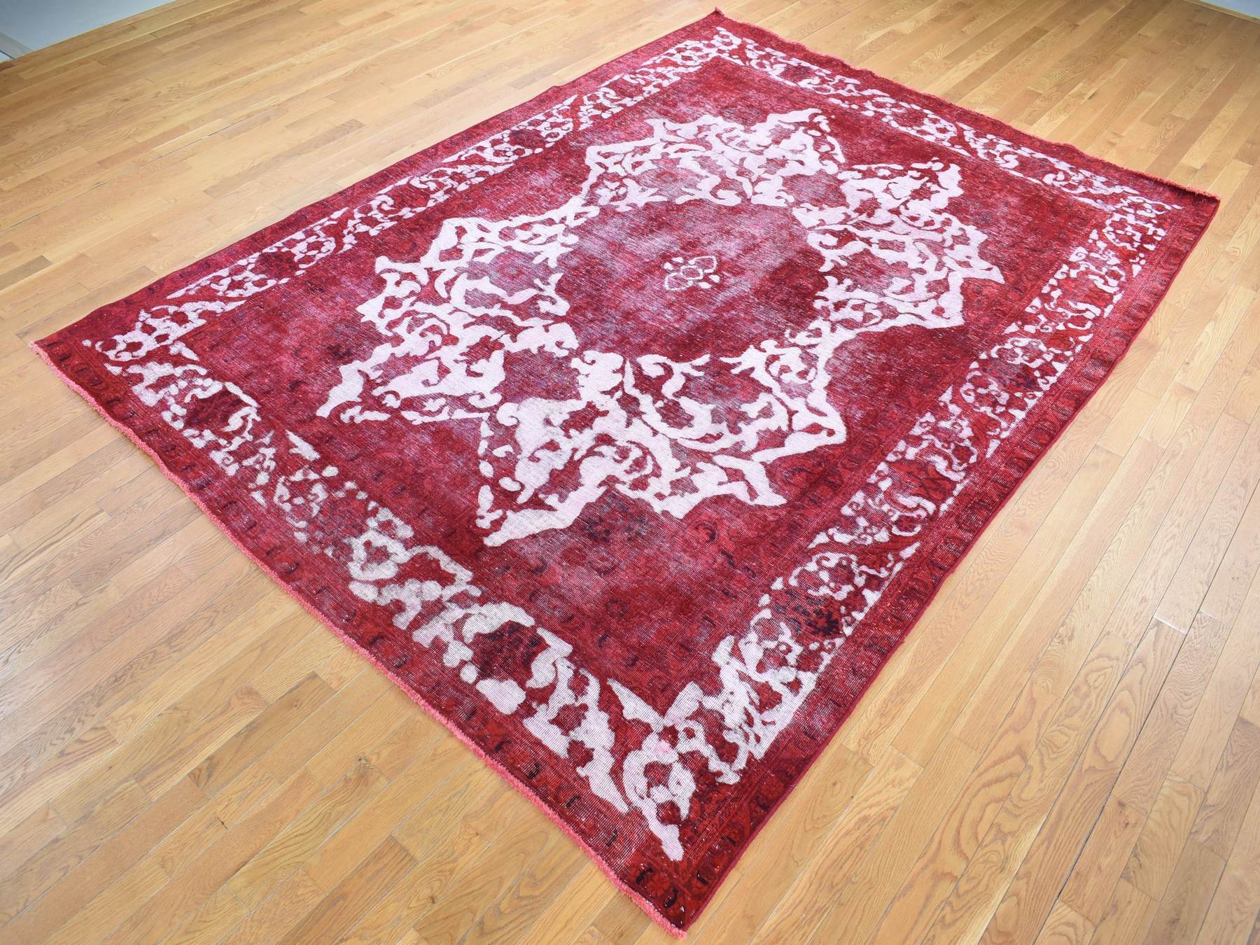 8'2"x11'1" Crimson Red, Overdyed Vintage Persian Tabriz Barjasta Design, Pure Wool Hand Knotted, Oriental Rug HR80678 - Image 3