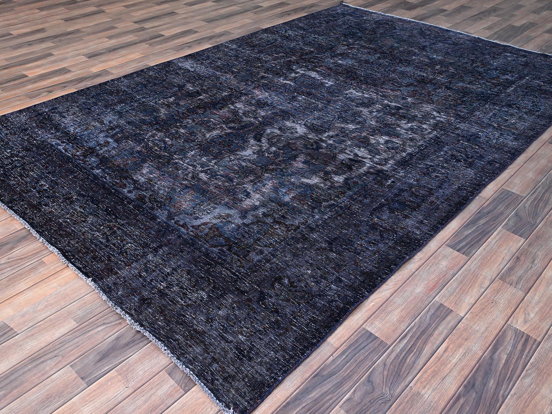 6'5"x10'3" Peacoat Blue and Charcoal Black, Overdyed, Semi Antique Tabriz, Pure Wool Sheared Low, Worn and Distressed, Professional Cleaner, Tone on Tone, Hand Knotted, Excellent Condition Oriental Rug HR86110 - Image 3