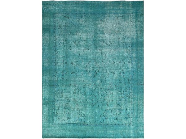 8'1"x11' Deep Green, Overdyed Vintage Persian Tabriz Sides and Ends Professionally Secured and Cleaned, Distressed Sheared Low, Hand Knotted, Cropped Thin, Abrash Evenly Worn 100% Wool Oriental Rug HR86932