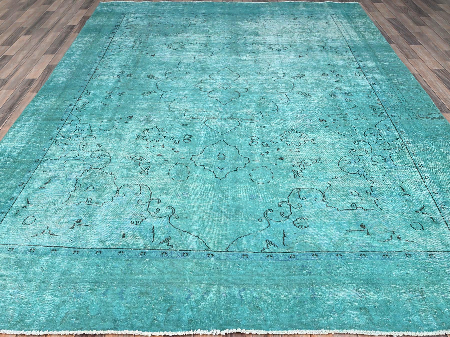 8'1"x11' Deep Green, Overdyed Vintage Persian Tabriz Sides and Ends Professionally Secured and Cleaned, Distressed Sheared Low, Hand Knotted, Cropped Thin, Abrash Evenly Worn 100% Wool Oriental Rug HR86932 - Image 2