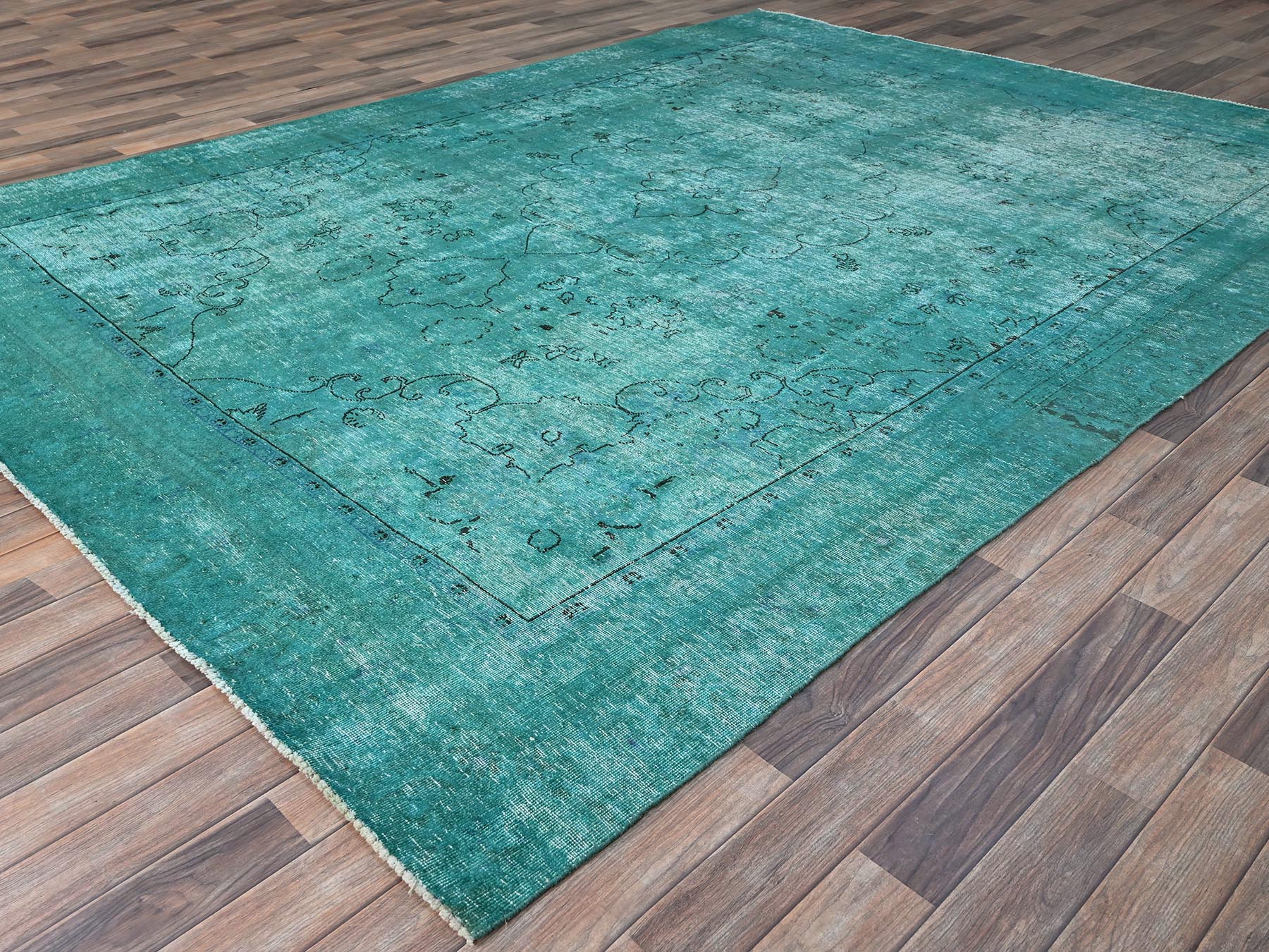 8'1"x11' Deep Green, Overdyed Vintage Persian Tabriz Sides and Ends Professionally Secured and Cleaned, Distressed Sheared Low, Hand Knotted, Cropped Thin, Abrash Evenly Worn 100% Wool Oriental Rug HR86932 - Image 3