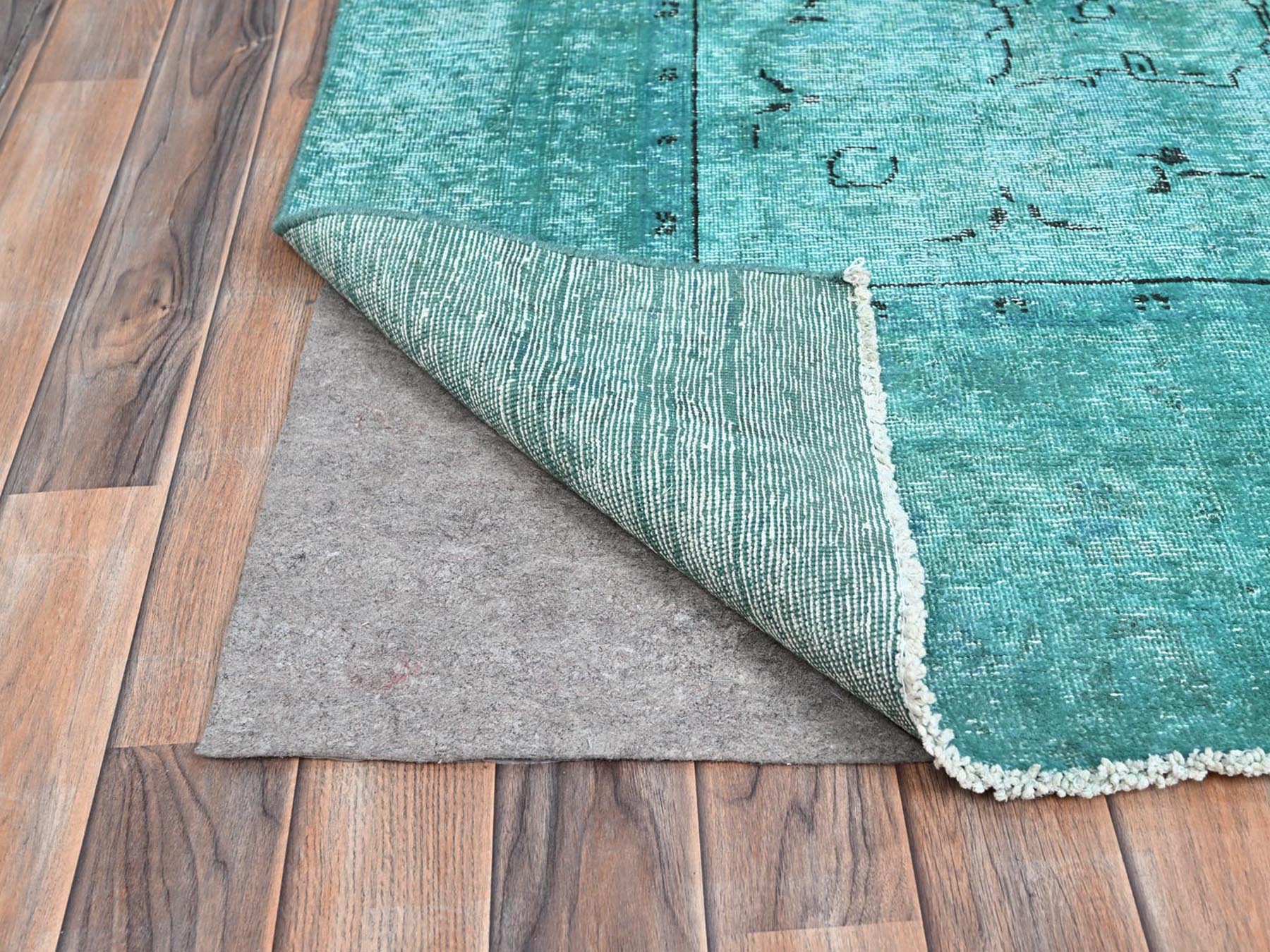 8'1"x11' Deep Green, Overdyed Vintage Persian Tabriz Sides and Ends Professionally Secured and Cleaned, Distressed Sheared Low, Hand Knotted, Cropped Thin, Abrash Evenly Worn 100% Wool Oriental Rug HR86932 - Image 4