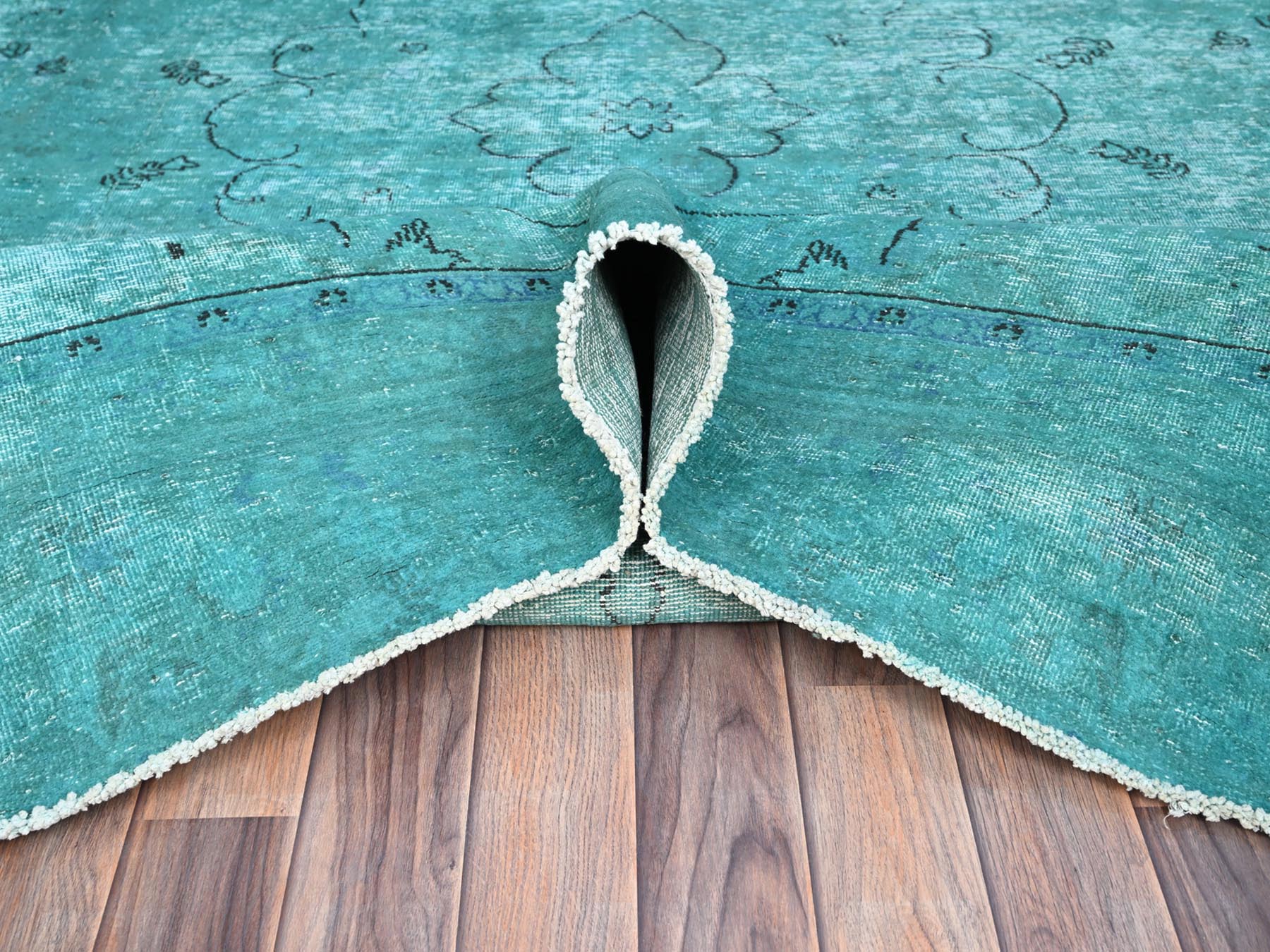 8'1"x11' Deep Green, Overdyed Vintage Persian Tabriz Sides and Ends Professionally Secured and Cleaned, Distressed Sheared Low, Hand Knotted, Cropped Thin, Abrash Evenly Worn 100% Wool Oriental Rug HR86932 - Image 5