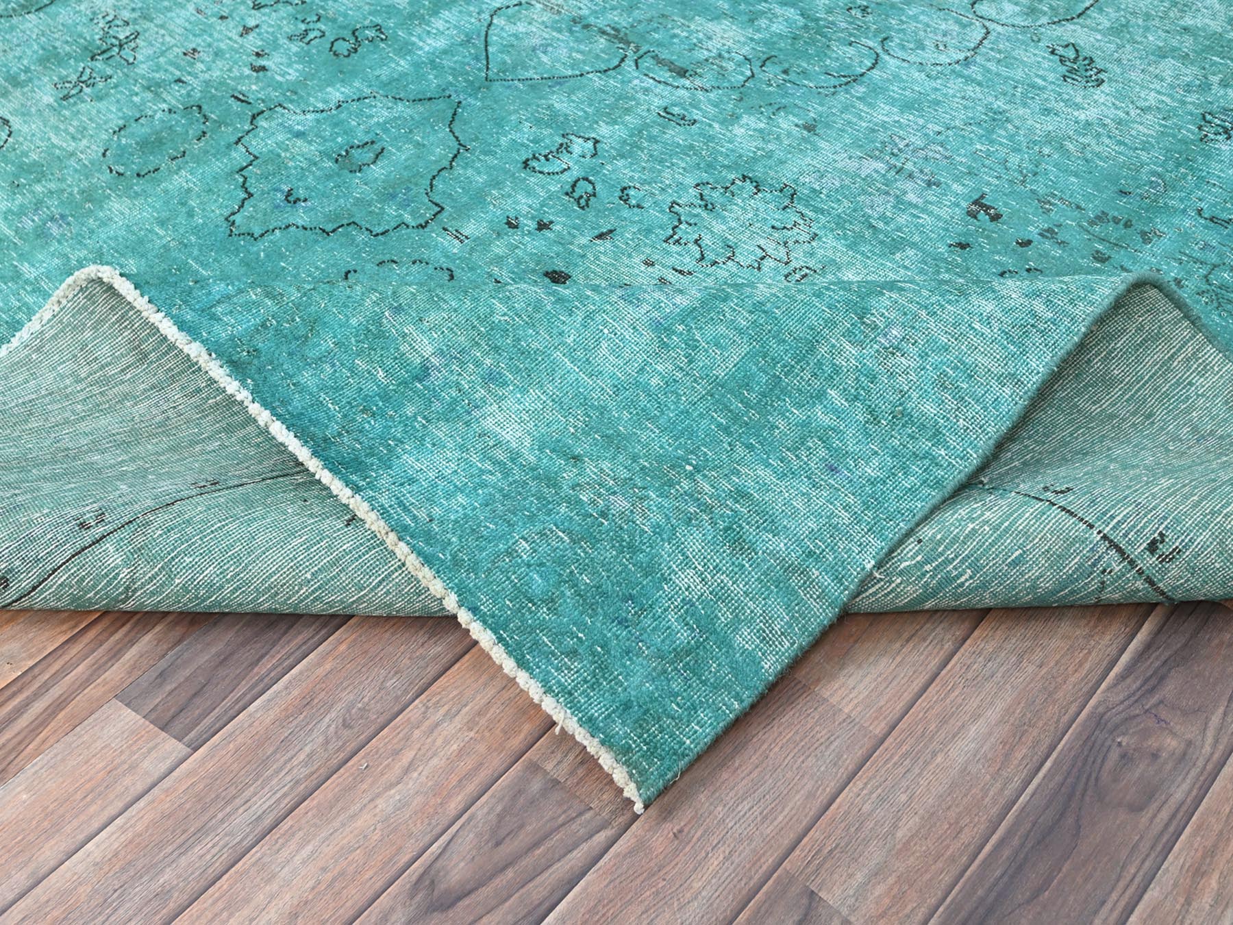 8'1"x11' Deep Green, Overdyed Vintage Persian Tabriz Sides and Ends Professionally Secured and Cleaned, Distressed Sheared Low, Hand Knotted, Cropped Thin, Abrash Evenly Worn 100% Wool Oriental Rug HR86932 - Image 6