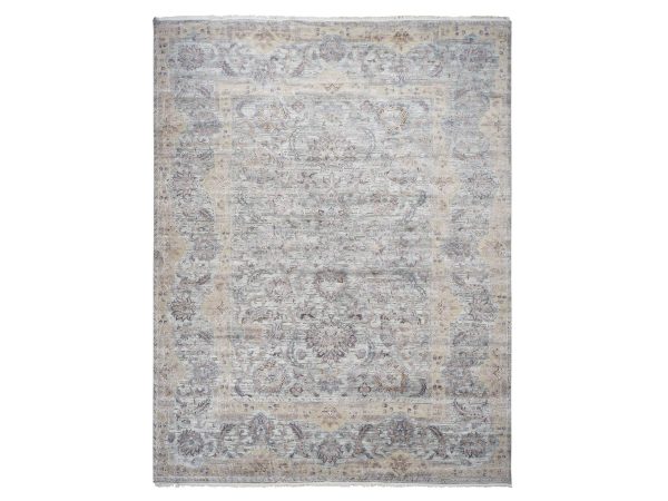 11'8"x15'3" Gray-Green, Hand Knotted, Pure Silk with Textured Wool, Mughal Empire Design, Oversized Oriental Rug HR87993