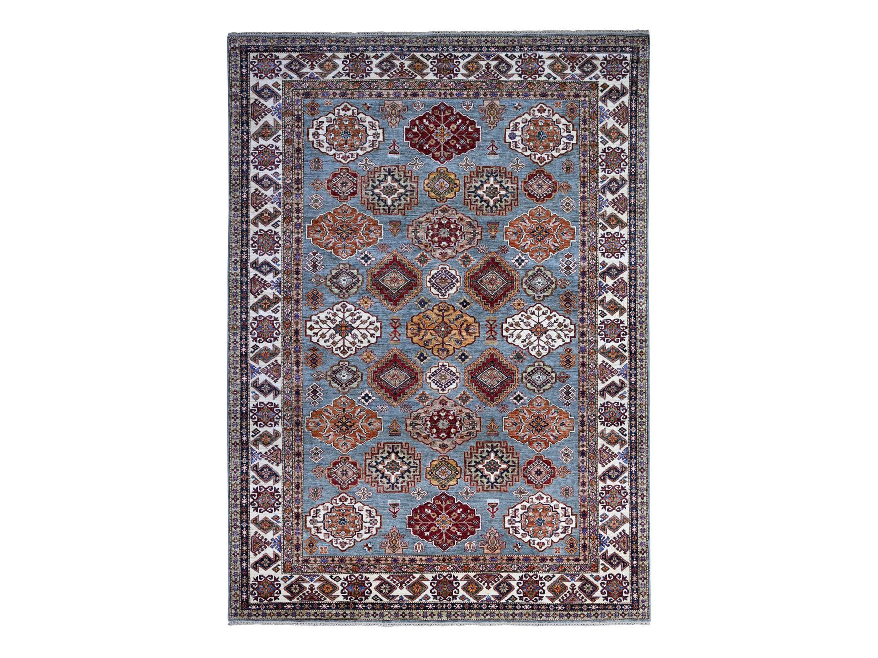9'x12'5" Normandy Gray With Ivory Border, Hand Knotted All Over Tribal and Geometric Motifs, Velvety Wool, Natural Dyes, Afghan Super Kazak Oriental Rug HR89422