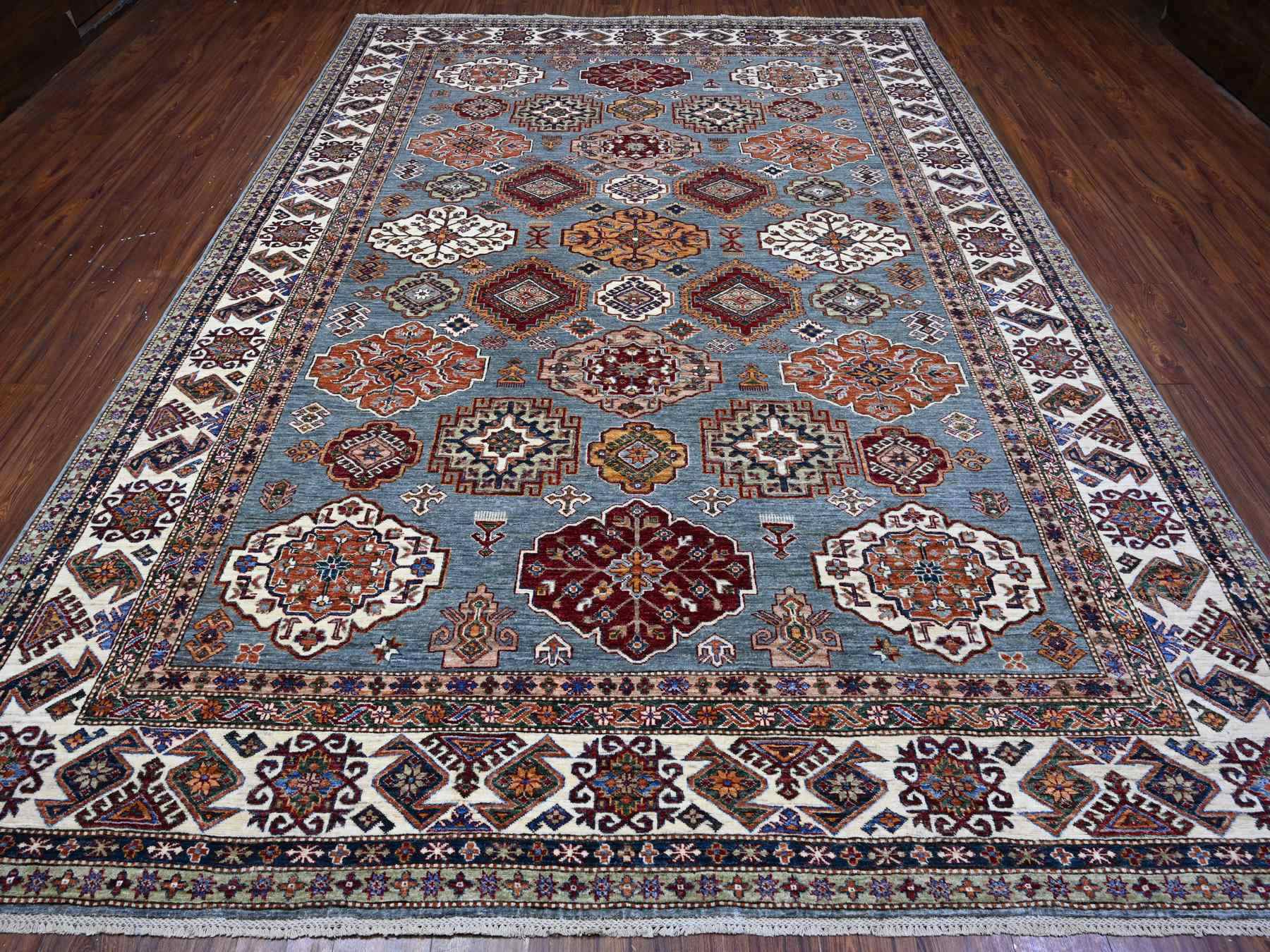 9'x12'5" Normandy Gray With Ivory Border, Hand Knotted All Over Tribal and Geometric Motifs, Velvety Wool, Natural Dyes, Afghan Super Kazak Oriental Rug HR89422 - Image 2
