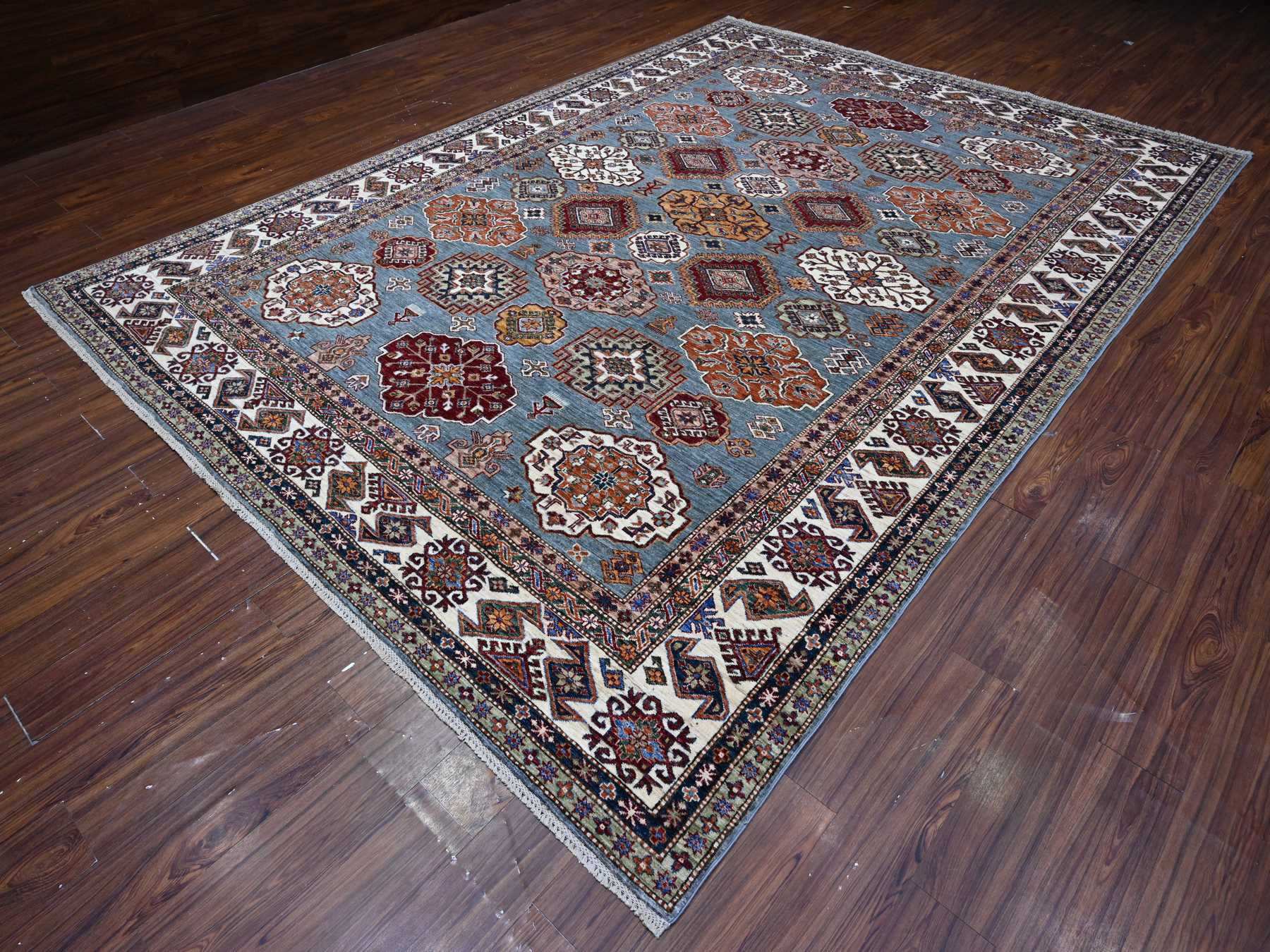 9'x12'5" Normandy Gray With Ivory Border, Hand Knotted All Over Tribal and Geometric Motifs, Velvety Wool, Natural Dyes, Afghan Super Kazak Oriental Rug HR89422 - Image 3