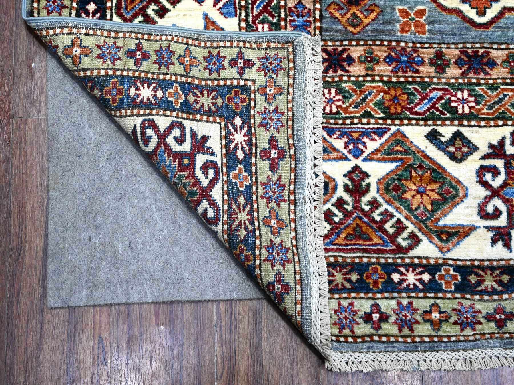 9'x12'5" Normandy Gray With Ivory Border, Hand Knotted All Over Tribal and Geometric Motifs, Velvety Wool, Natural Dyes, Afghan Super Kazak Oriental Rug HR89422 - Image 4